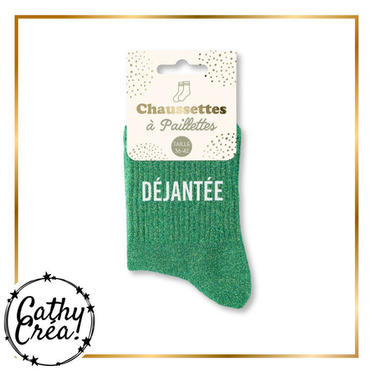Chaussettes paillettes vertes DÉJANTÉE packaging hangtag taille 36-42 – Cathy Créa