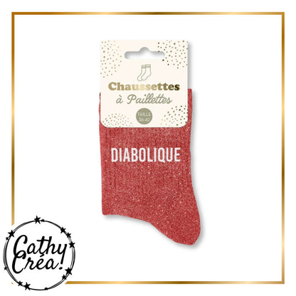 Chaussettes paillettes DIABOLIQUE rouge packaging hangtag taille 36-42 – Cathy Créa