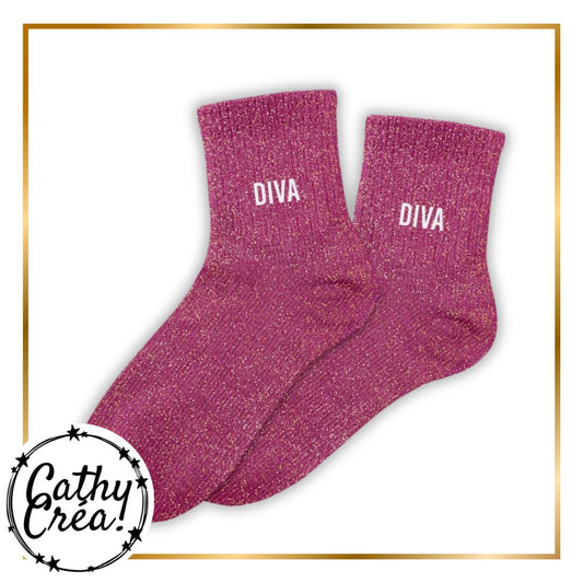 Paire de chaussettes paillettes mauve fuchsia inscription DIVA blanc – Cathy Créa Belgique