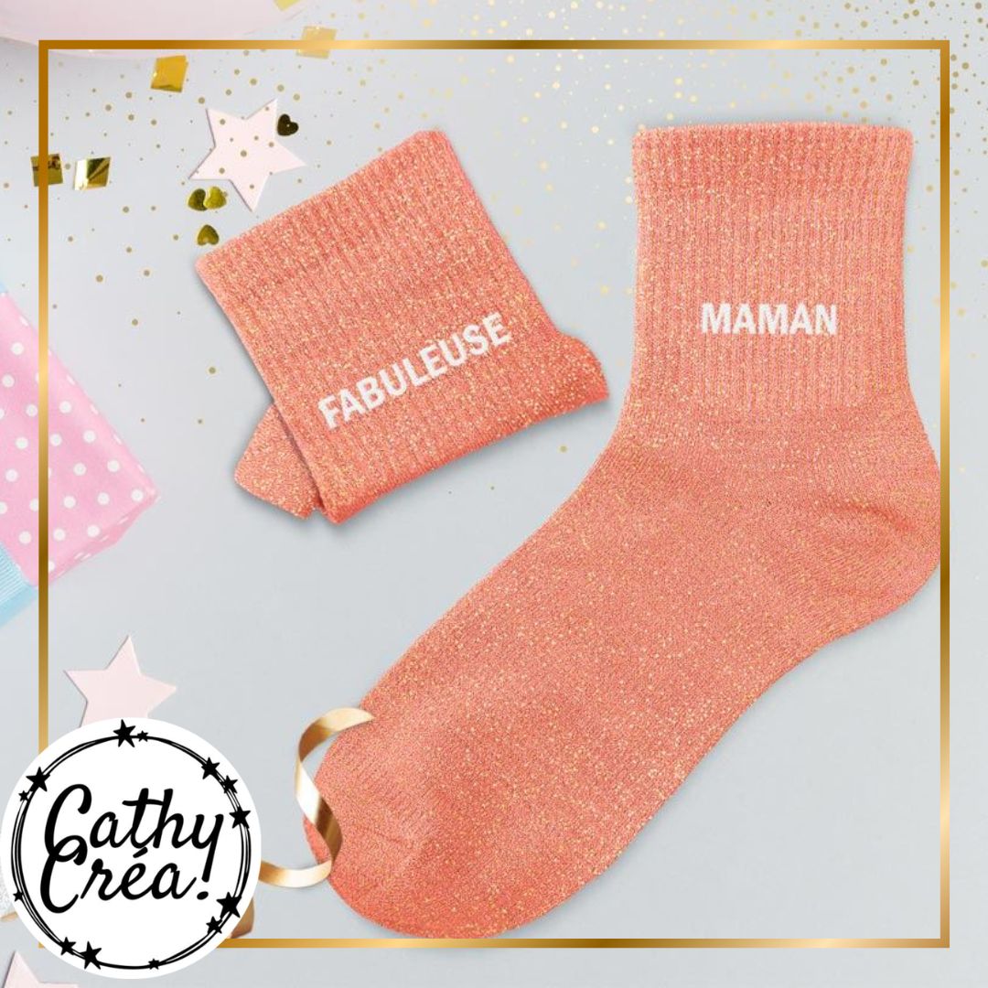 Chaussettes paillettes saumon FABULEUSE MAMAN ambiance festive – cadeau fête des mères