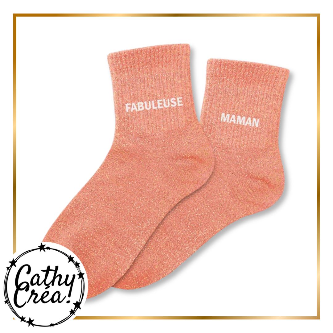 Paire chaussettes paillettes saumon FABULEUSE MAMAN blanc – cadeau maman Cathy Créa