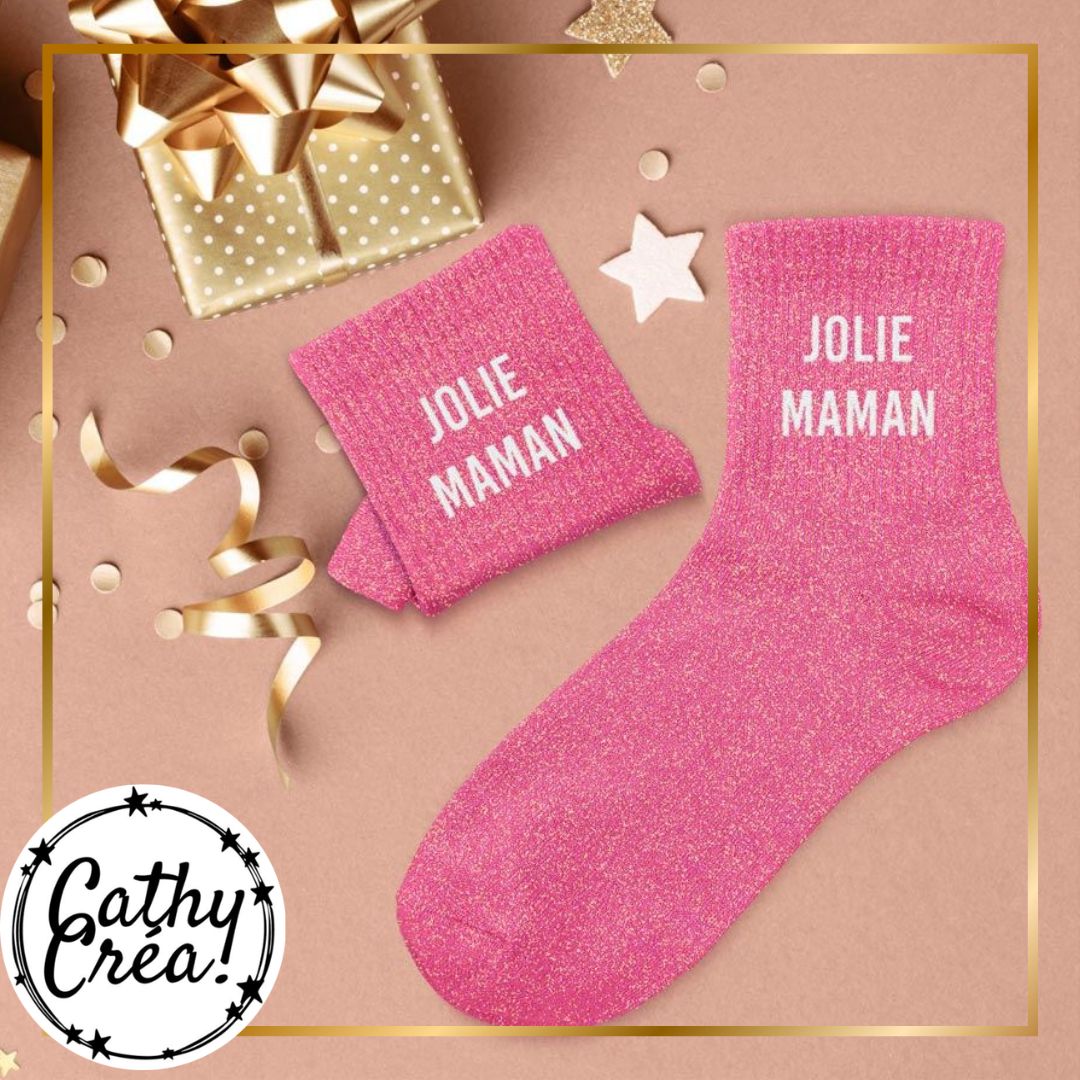 Chaussettes paillettes rose JOLIE MAMAN ambiance cadeau festif – fête des mères Belgique