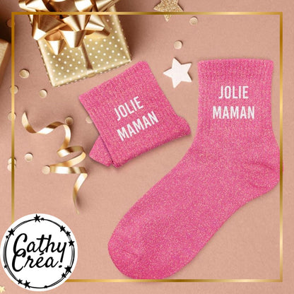 Chaussettes paillettes rose JOLIE MAMAN ambiance cadeau festif – fête des mères Belgique