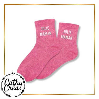 Paire chaussettes paillettes rose fuchsia JOLIE MAMAN blanc – cadeau maman Cathy Créa