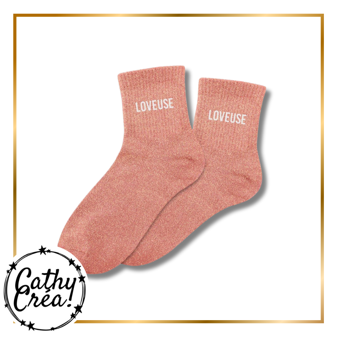 Paire chaussettes paillettes vieux rose inscription loveuse blanc – Cathy Créa