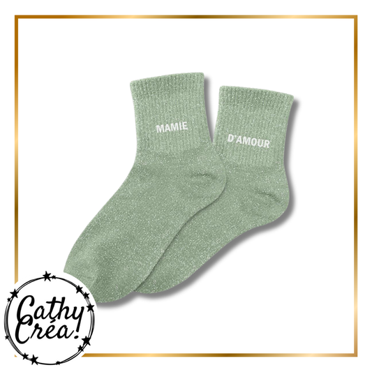 Paire chaussettes paillettes verte inscription MAMIE D'AMOUR blanc – Cathy Créa
