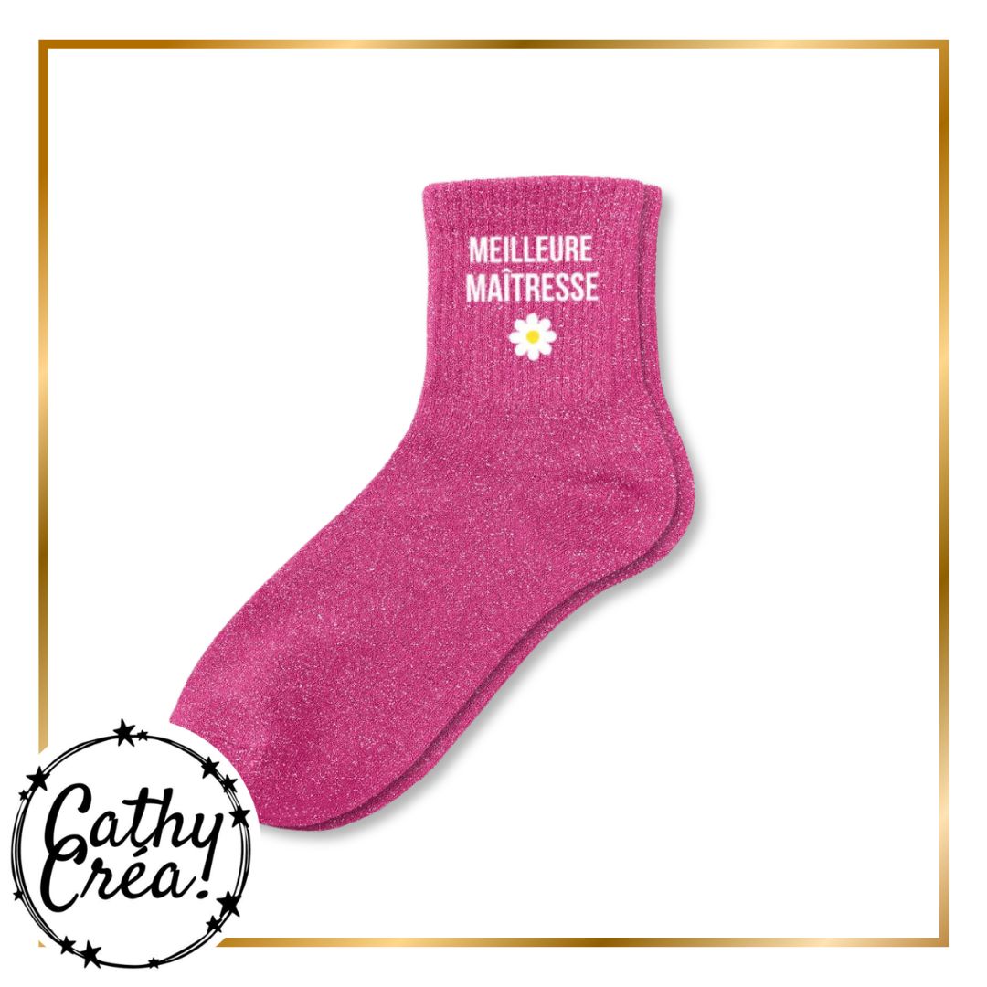 Chaussette à paillettes rose fuchsia inscription Meilleure Maîtresse et marguerite cadeau école
