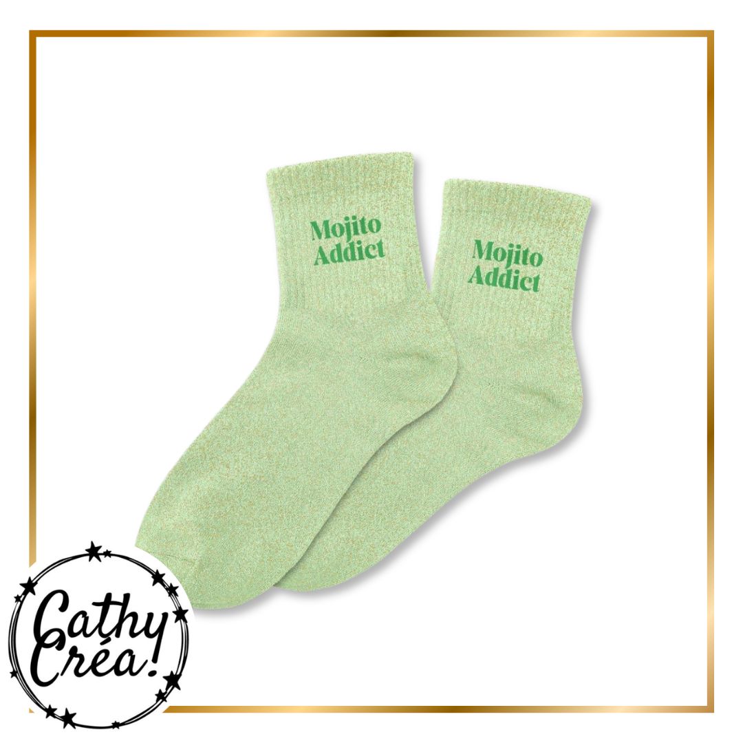 Paire de chaussettes à paillettes vert menthe avec inscription Mojito Addict