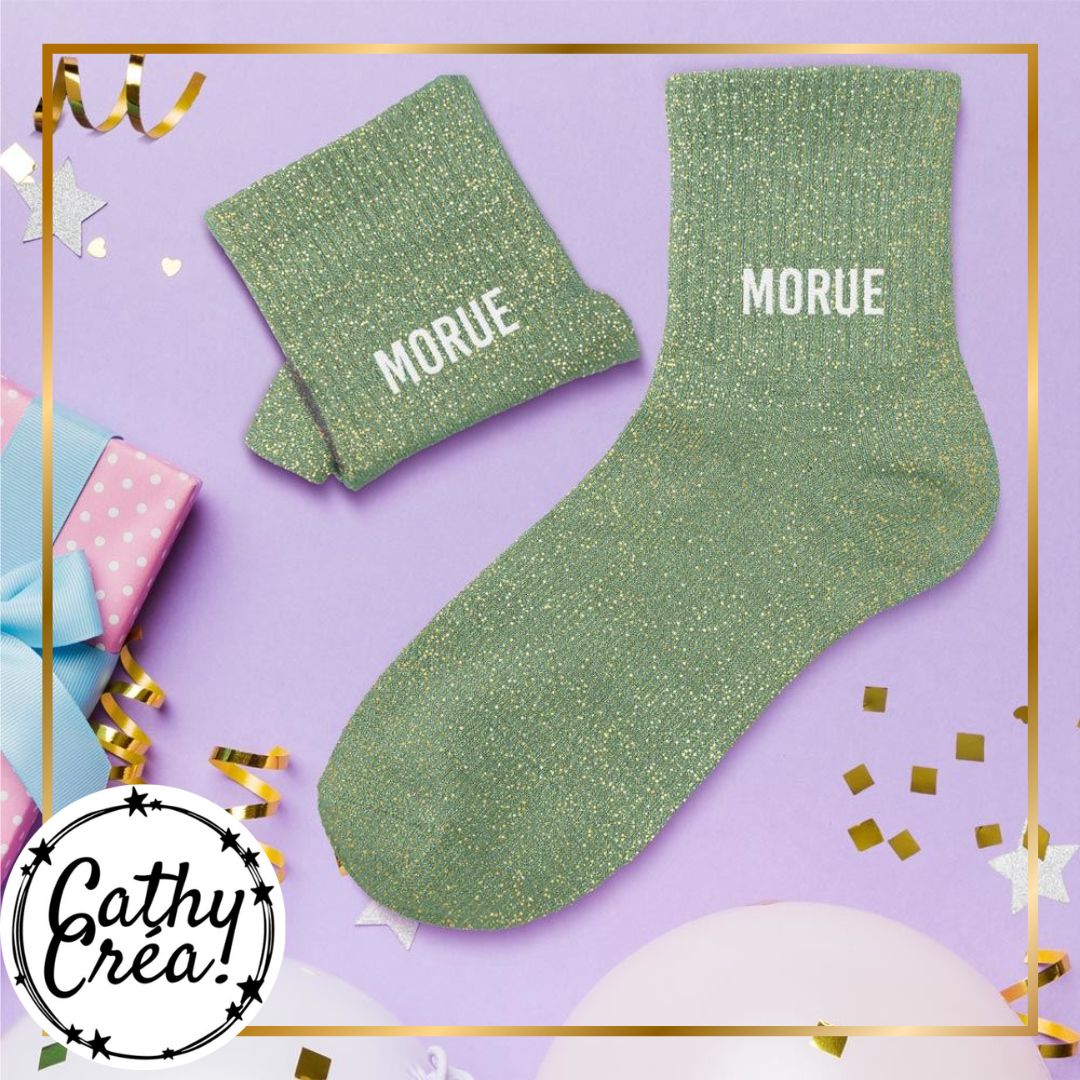 Chaussettes paillettes vertes MORUE ambiance festive – cadeau humour amie Belgique
