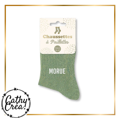 Chaussettes paillettes MORUE vert sauge packaging hangtag taille 36-42 – Cathy Créa