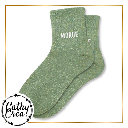 Paire chaussettes paillettes vert sauge inscription MORUE blanc – cadeau humour Cathy Créa