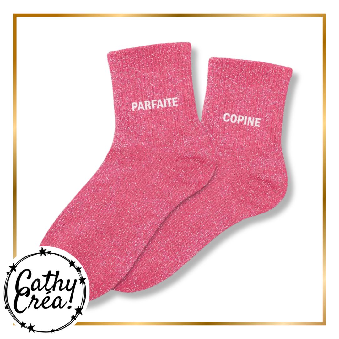 Paire chaussettes paillettes rose PARFAITE COPINE en blanc – cadeau amie Cathy Créa