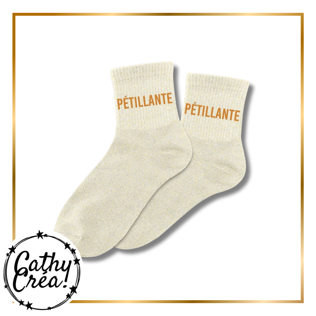 Paire chaussettes paillettes beige inscription PETILLANTE blanc – Cathy Créa