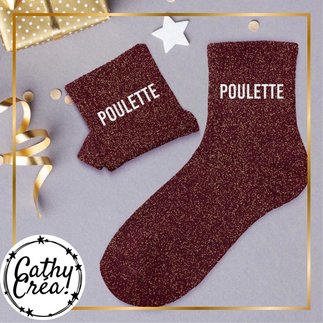 Chaussettes paillettes bordeaux doré POULETTE ambiance festive – cadeau femme Belgique
