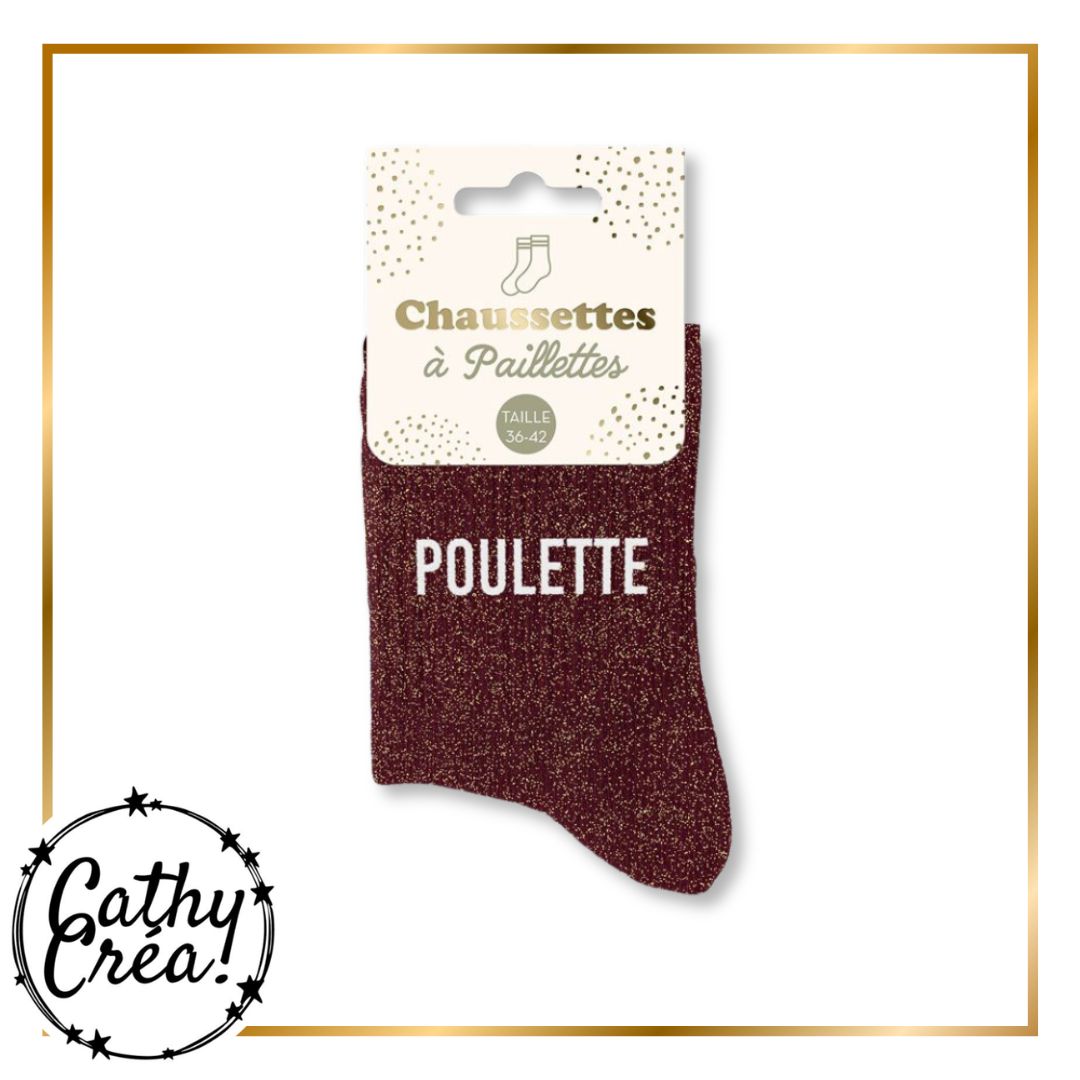 Chaussettes paillettes POULETTE bordeaux packaging hangtag taille 36-42 – Cathy Créa