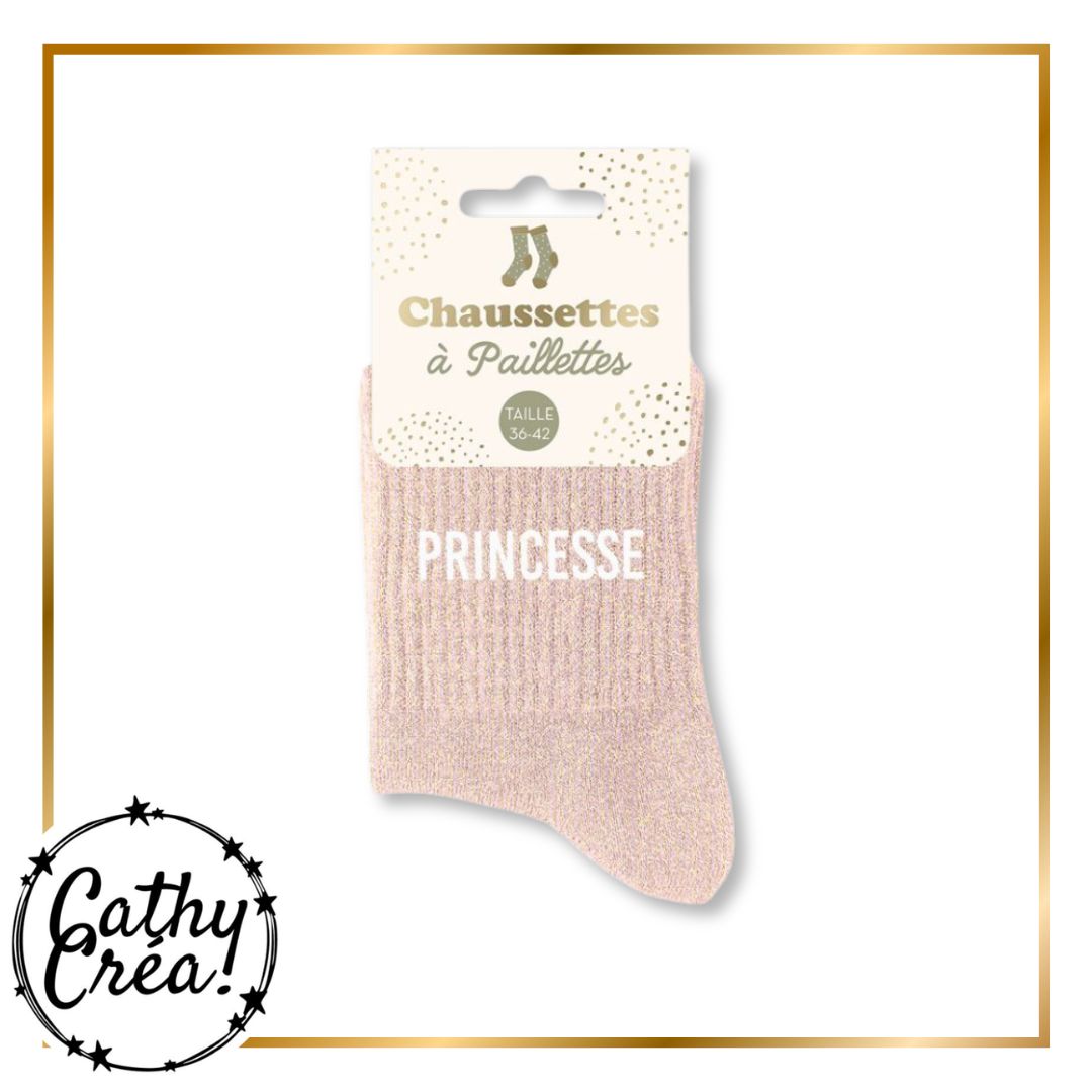 Chaussettes paillettes rose poudré PRINCESSE packaging hangtag taille 36-42 – Cathy Créa