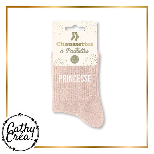 Chaussettes paillettes rose poudré PRINCESSE packaging hangtag taille 36-42 – Cathy Créa