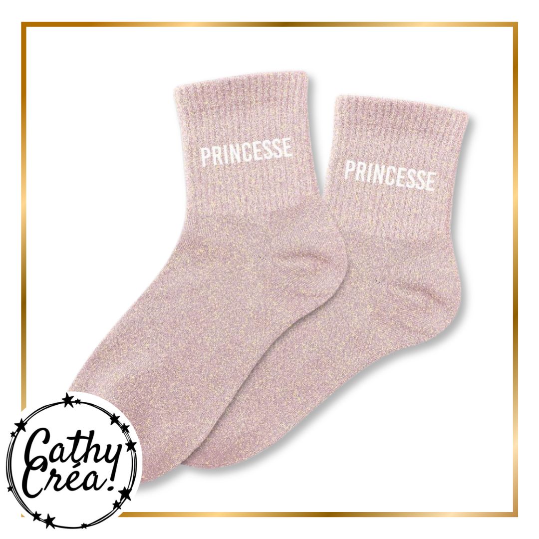 Paire chaussettes paillettes rose poudré inscription PRINCESSE blanc – Cathy Créa