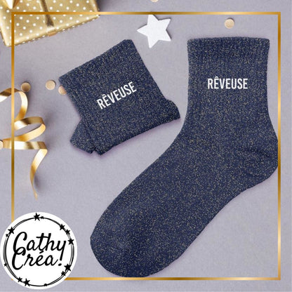 Détail fil métallisé chaussette paillettes REVEUSE – cadeau femme original Belgique