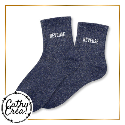 Paire de chaussettes paillettes bleu marine inscription reveuse blanc – Cathy Créa Belgique