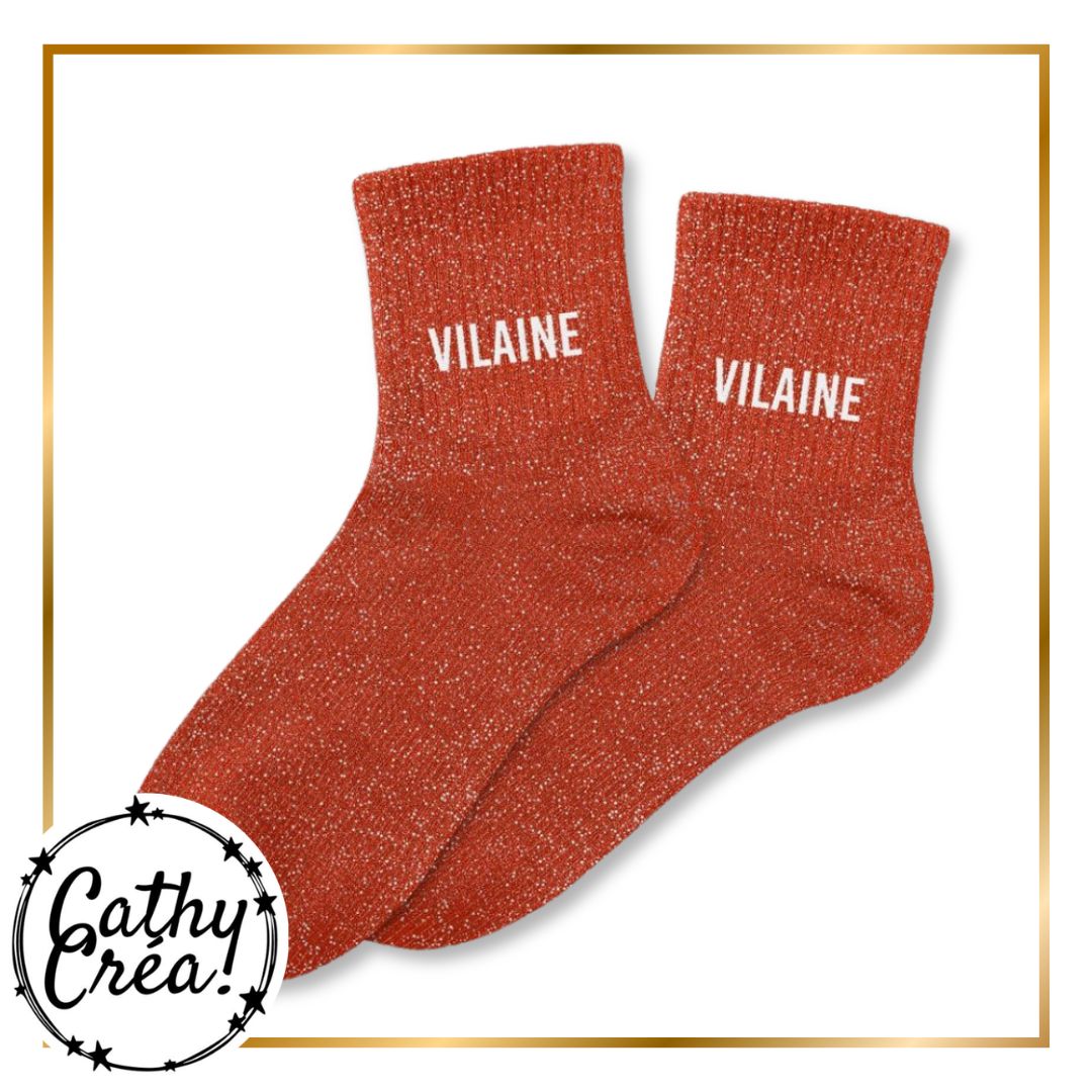 Paire de chaussettes paillettes rouge cuivré inscription VILAINE blanc – Cathy Créa Belgique
