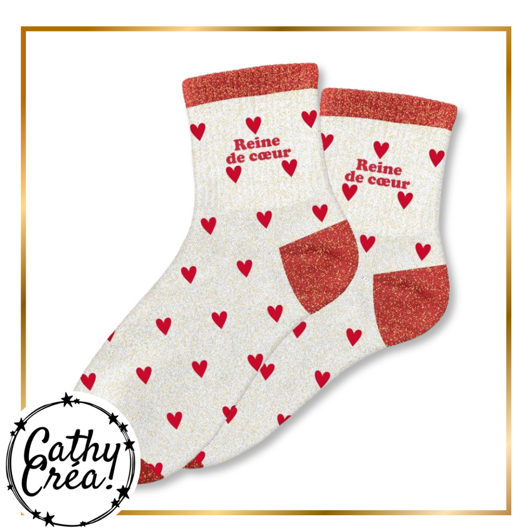 Chaussettes à paillettes Reine de cœur présentées dans leur packaging carte, taille 36-42