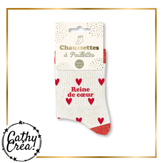 Chaussettes blanches à cœurs rouges avec message Reine de cœur, bord pailleté