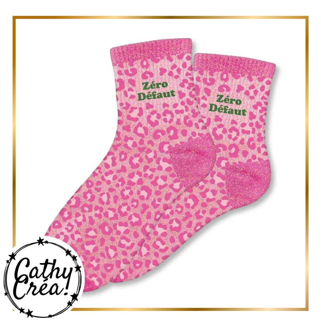 Chaussettes pailletées imprimé léopard rose avec message Zéro Défaut