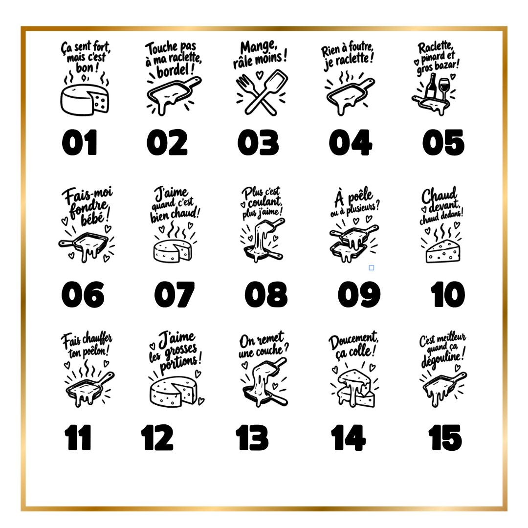 Planche des citations pour spatule à raclette gravée, modèles 01 à 15