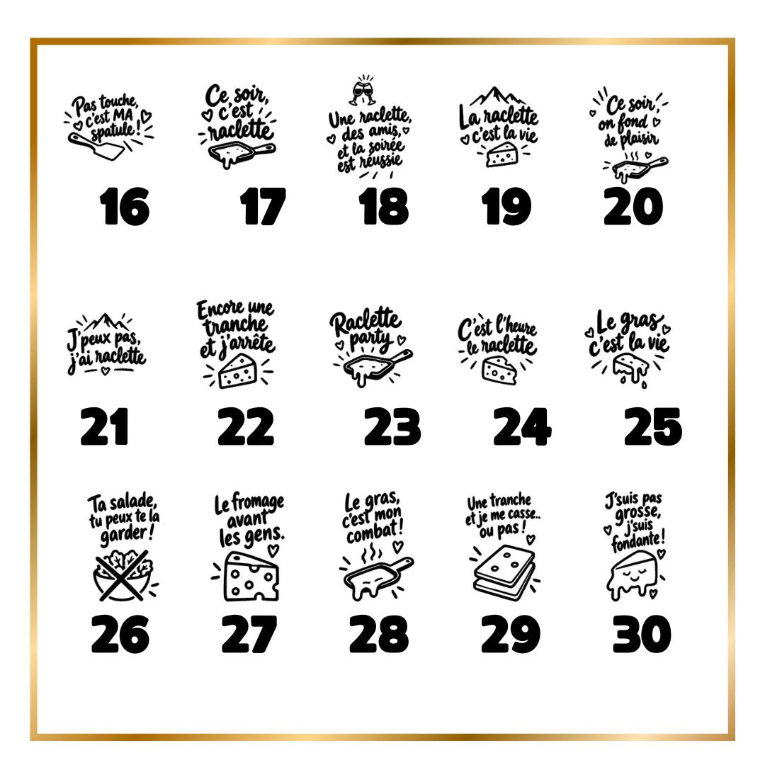Planche des citations pour spatule à raclette gravée, modèles 16 à 30