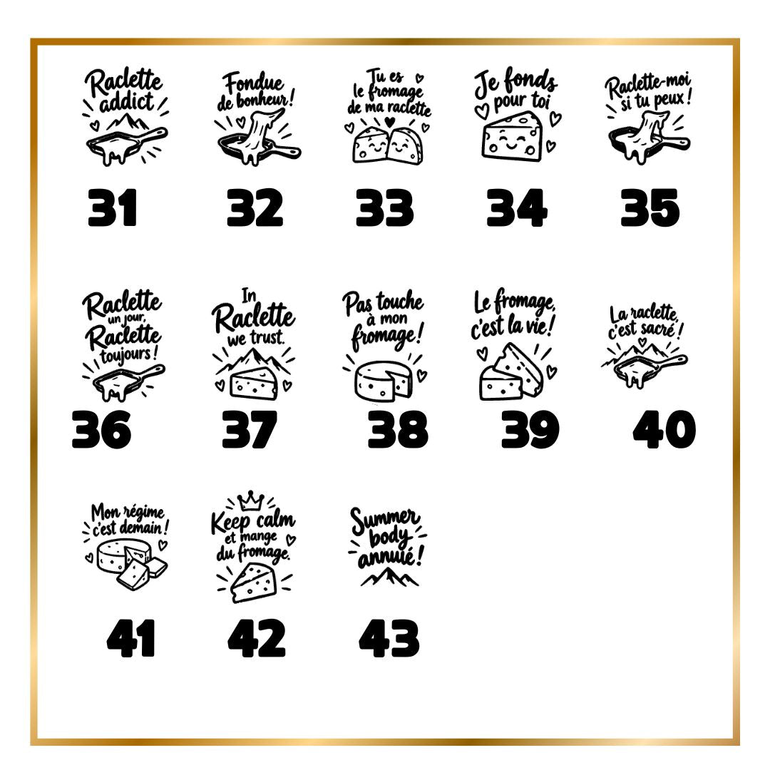 Planche des citations pour spatule à raclette gravée, modèles 31 à 43