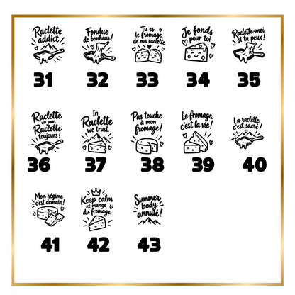 Planche des citations pour spatule à raclette gravée, modèles 31 à 43