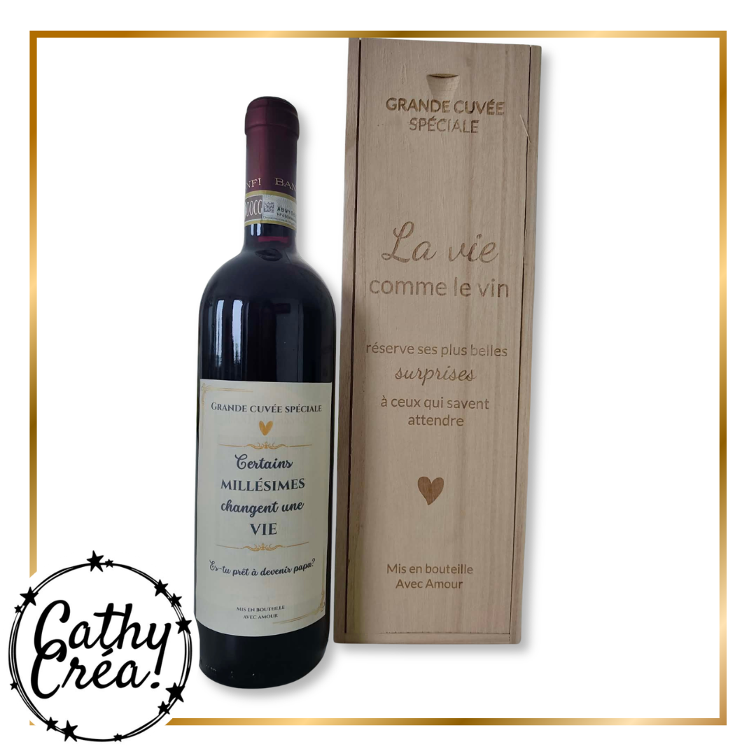 Coffret annonce grossesse boite bois gravee et etiquette vin personnalisee Es-tu prêt a devenir papa
