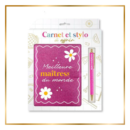 Coffret cadeau carnet et stylo pailleté rose Meilleure Maîtresse du Monde dans sa boîte