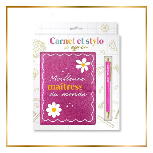 Coffret cadeau carnet et stylo pailleté rose Meilleure Maîtresse du Monde dans sa boîte