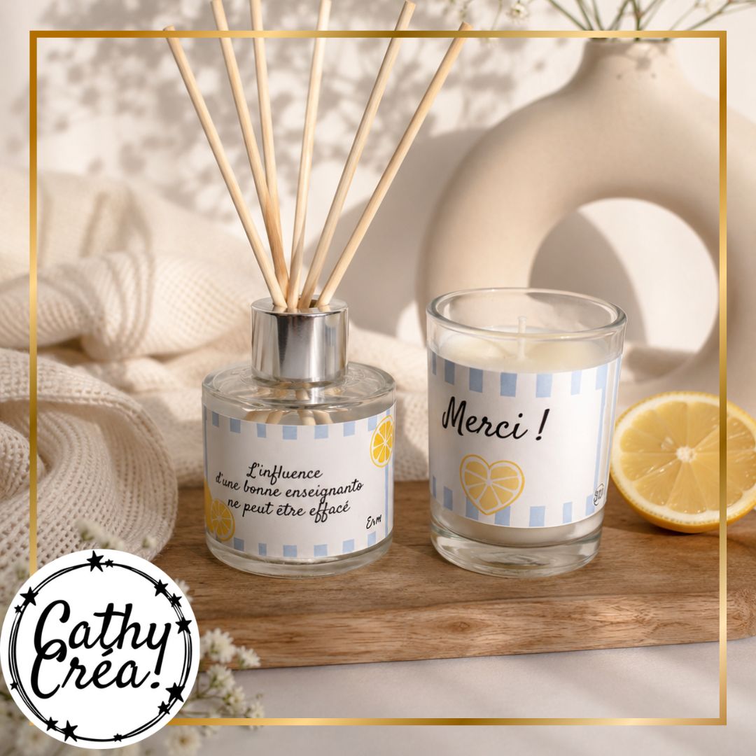 Coffret diffuseur jasmin bougie vanille personnalisés cadeau maîtresse décor naturel gypsophile