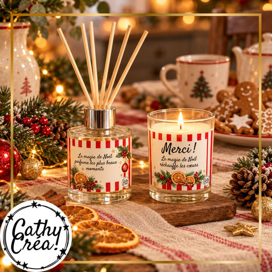 Cadeau de Noël maîtresse diffuseur et bougie personnalisés sur table festive avec biscuits pain d'épices