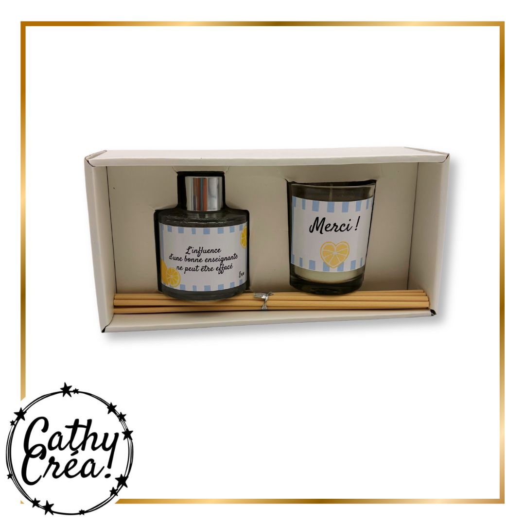 Coffret diffuseur et bougie personnalisés maîtresse dans boîte blanche vitrine étiquettes vichy citron
