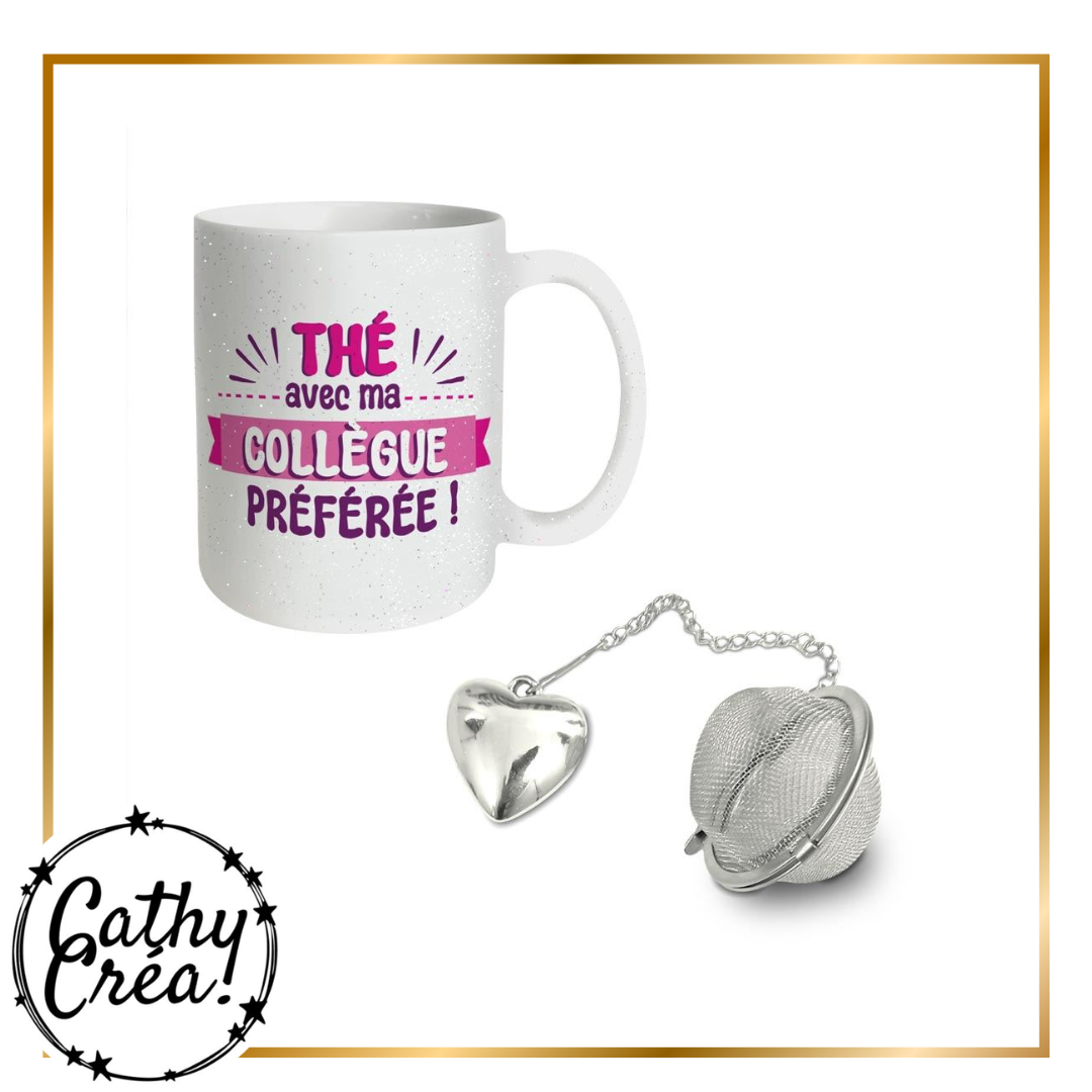 Coffret mug et boule à thé Collègue préférée dans sa boîte cadeau crème et doré
