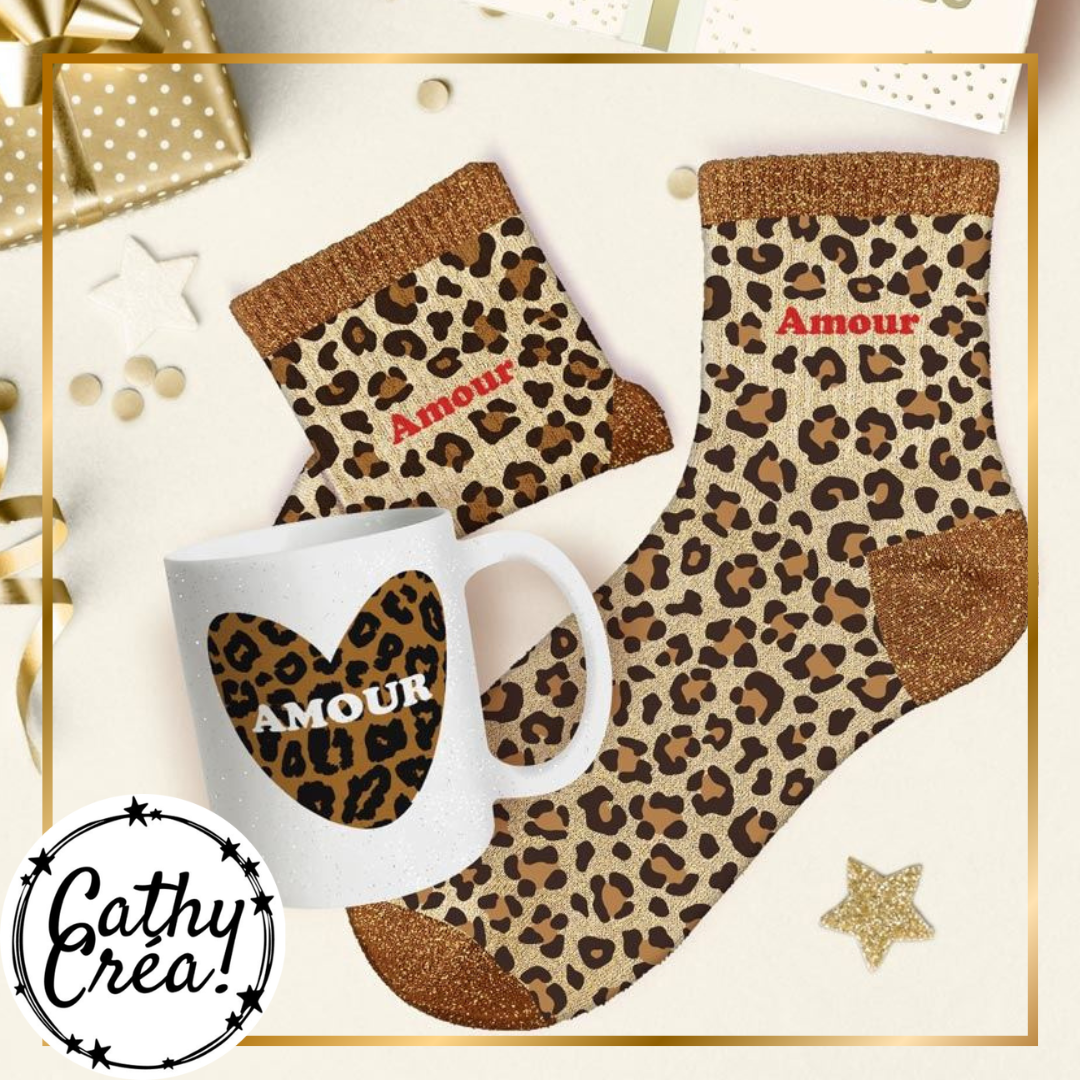 Chaussettes léopard pailletées Amour et mug cœur léopard, idée cadeau femme avec paquet doré