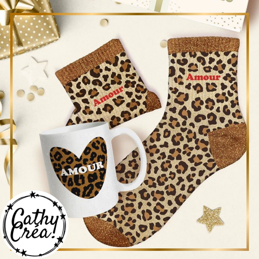 Chaussettes léopard pailletées Amour et mug cœur léopard, idée cadeau femme avec paquet doré
