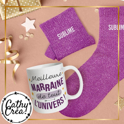 Mug Meilleure Marraine de tout l'univers et chaussettes violettes à paillettes Sublime, idée cadeau marraine