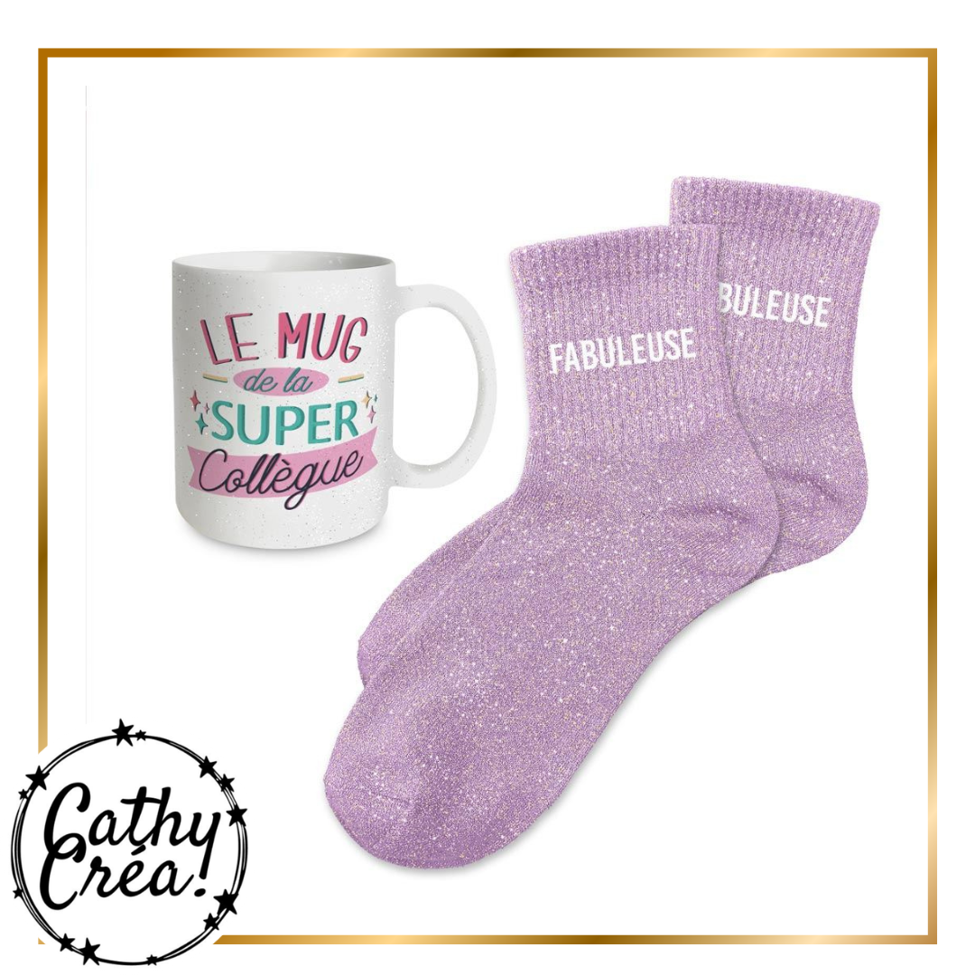Mug Le mug de la Super Collègue et chaussettes lilas à paillettes Fabuleuse, coffret cadeau collègue