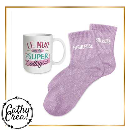 Mug Le mug de la Super Collègue et chaussettes lilas à paillettes Fabuleuse, coffret cadeau collègue