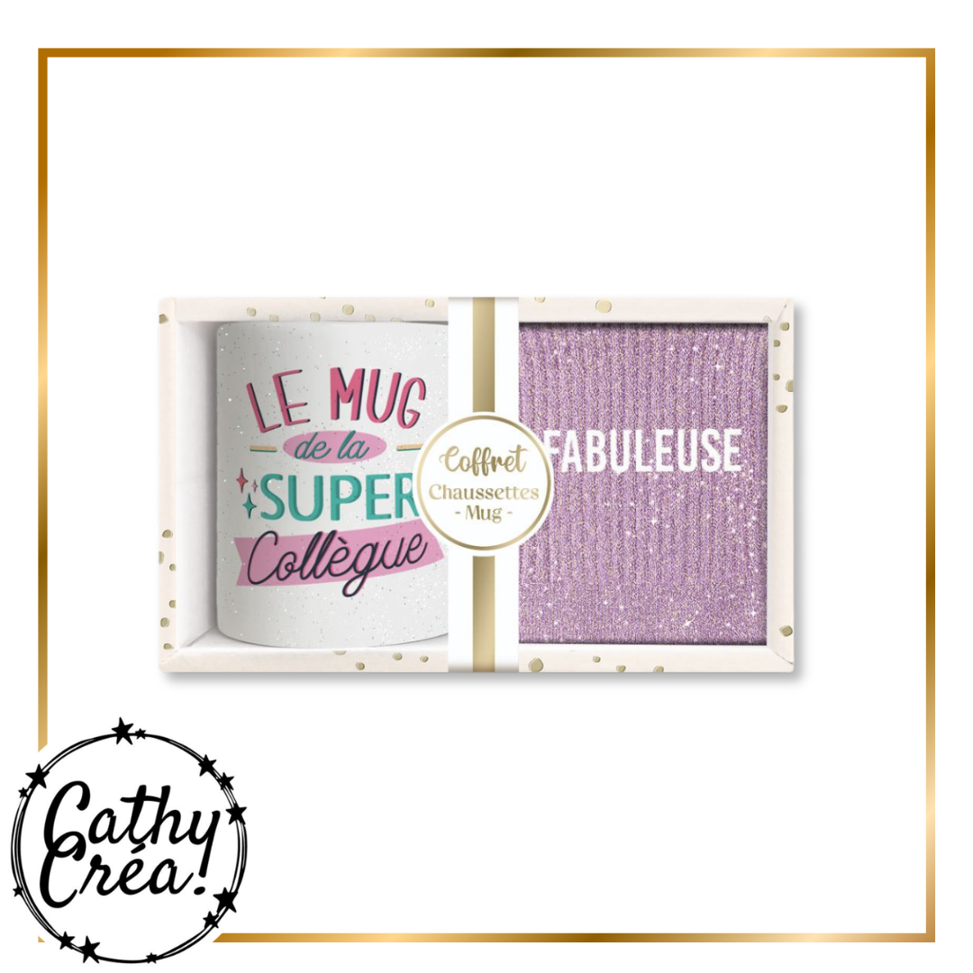 Coffret mug Super Collègue et chaussettes pailletées Fabuleuse dans sa boîte cadeau crème et dorée