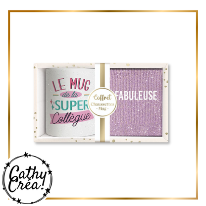 Coffret mug Super Collègue et chaussettes pailletées Fabuleuse dans sa boîte cadeau crème et dorée