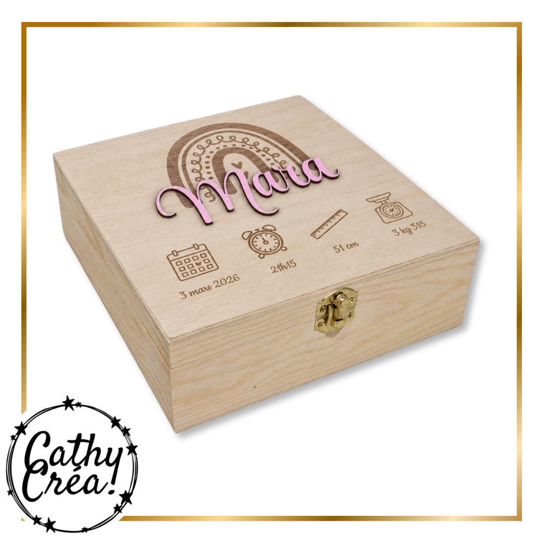 Coffret en bois avec fermoir et charnières dorés, vue de côté