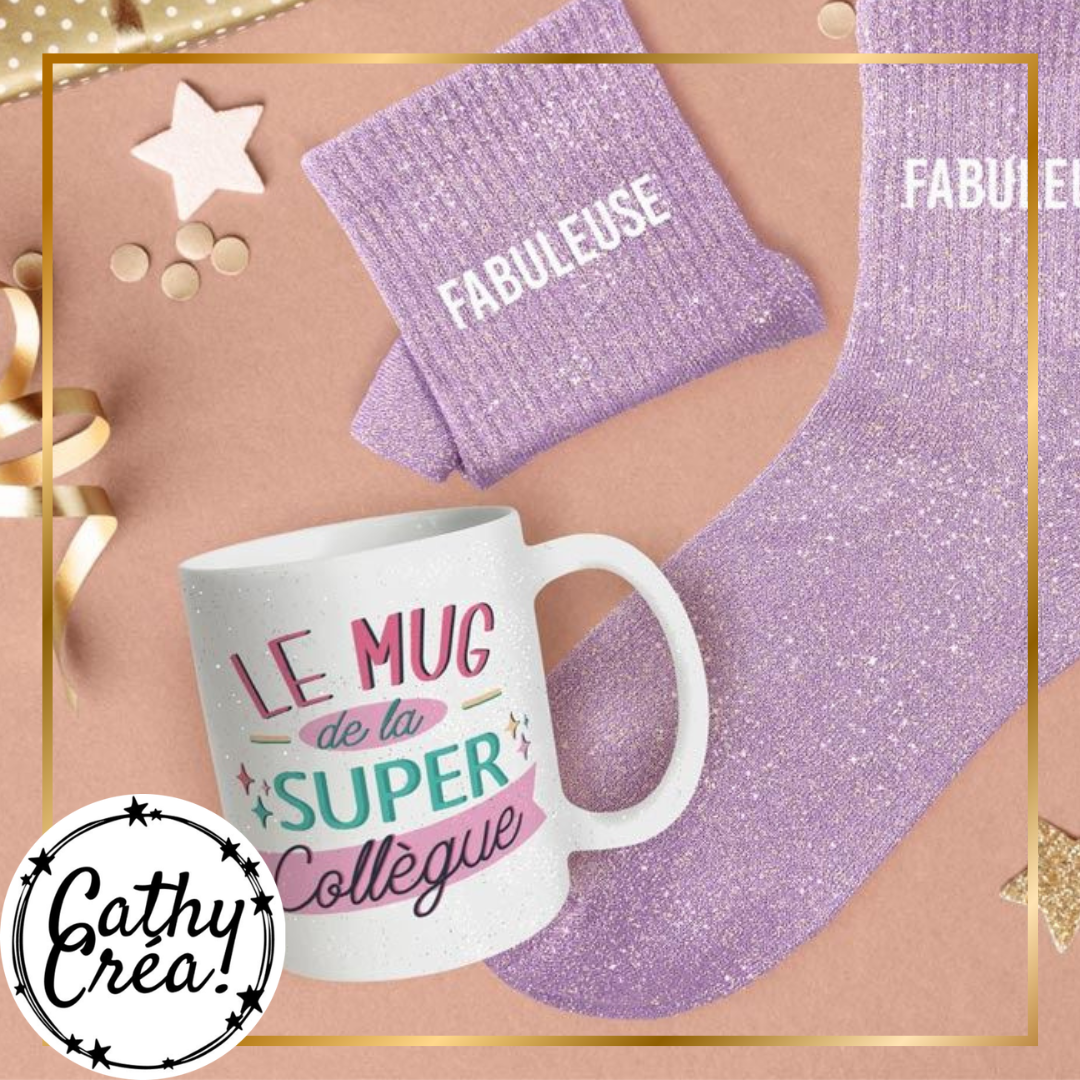 Chaussettes lilas à paillettes Fabuleuse et mug Super Collègue, idée cadeau collègue avec confettis dorés