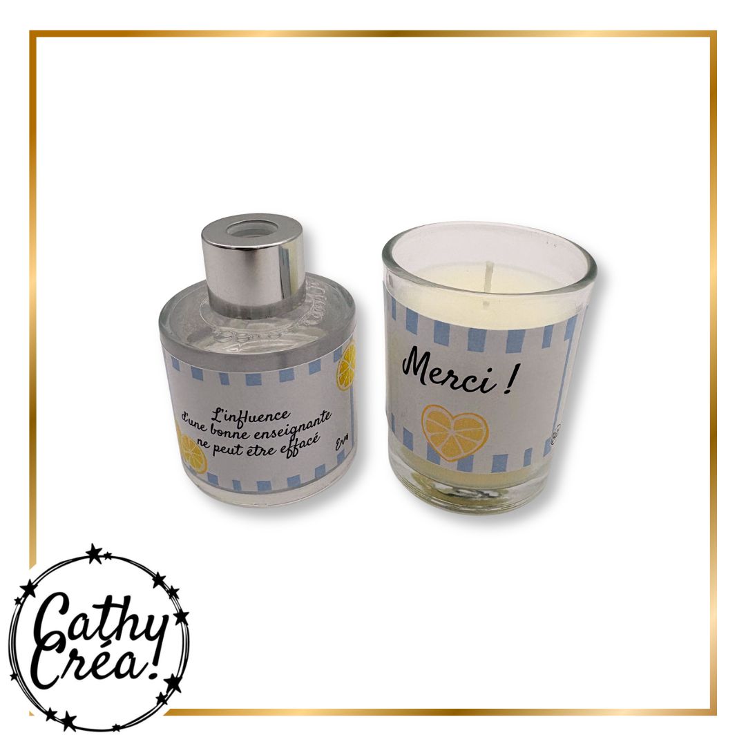 Diffuseur jasmin et bougie vanille personnalisés étiquettes vichy bleu citation enseignante Merci
