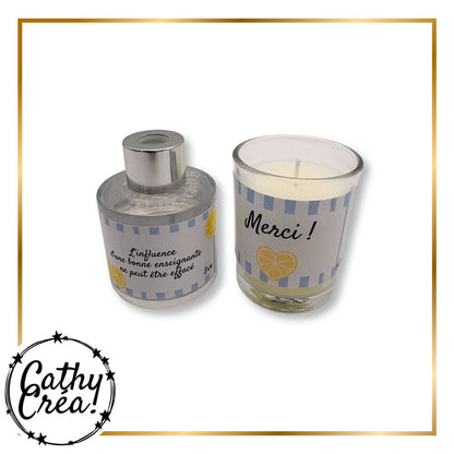 Diffuseur jasmin et bougie vanille personnalisés étiquettes vichy bleu citation enseignante Merci